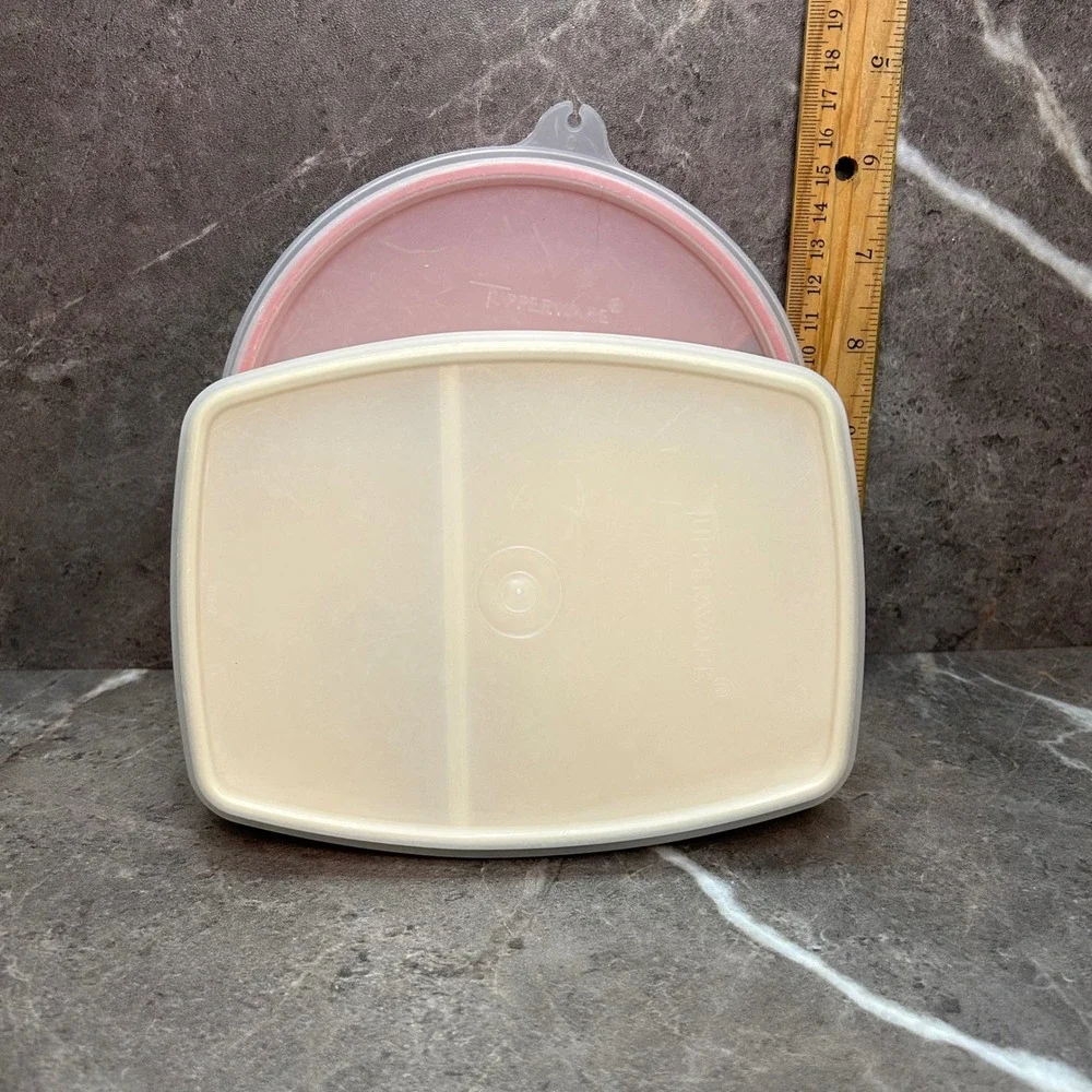 Vintage Tupperware Divided Food Storage Set Round Red Rectangular Gold 2pc Lot
